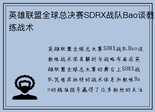 英雄联盟全球总决赛SDRX战队Bao谈教练战术
